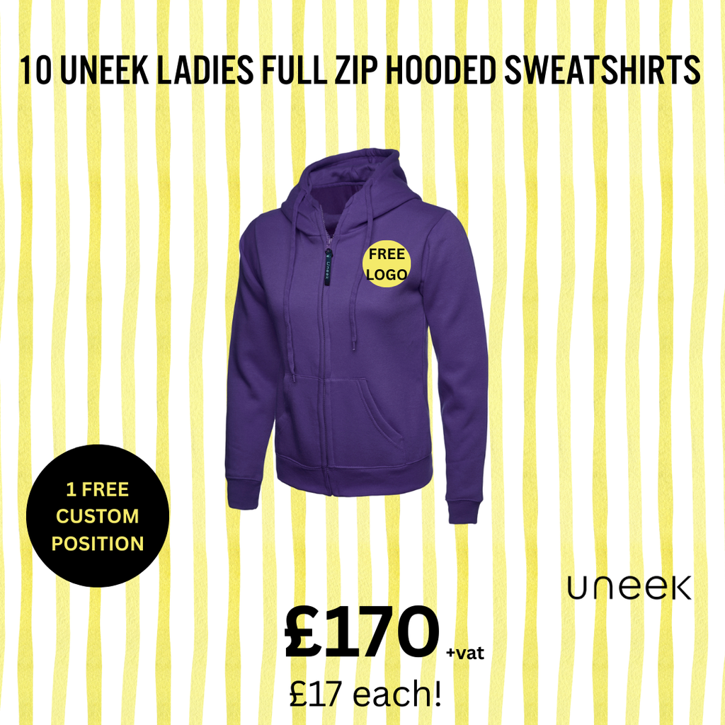 10 Ladies Uneek Full Zip Hooded Sweatshirt Bundle (Free Print) Ultimate Workwear