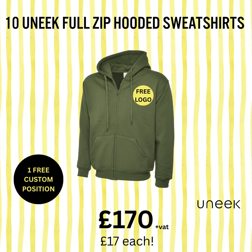 10 Uneek Full Zip Hooded Sweatshirt Bundle (Free Print) Ultimate Workwear